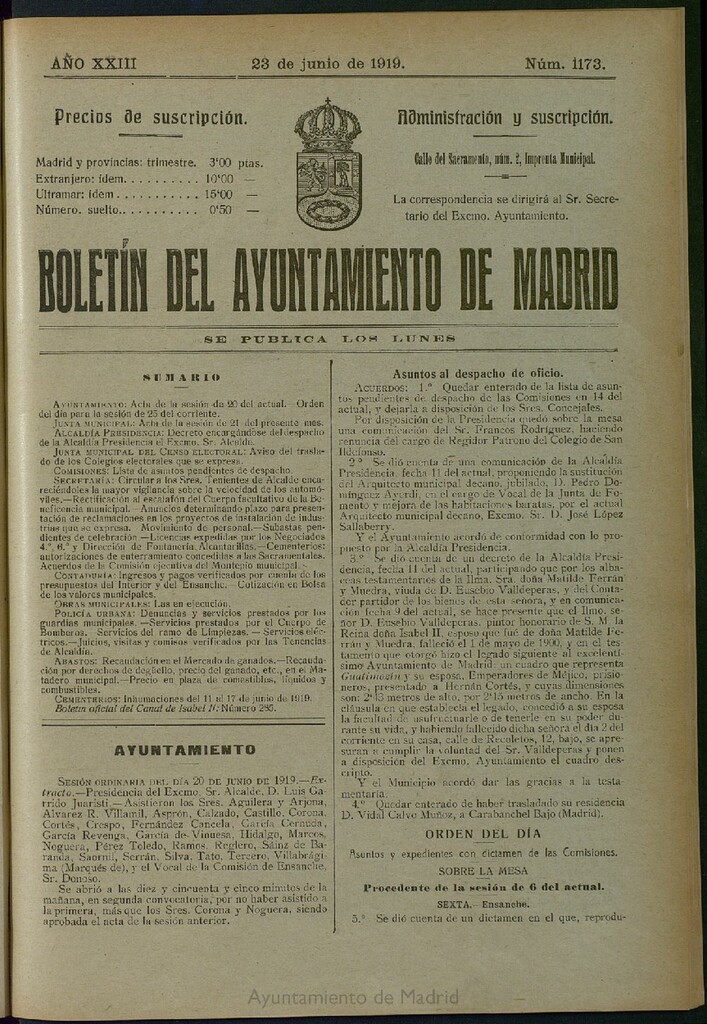 Miniatura de Boletín Oficial del Ayuntamiento de Madrid del 23 de junio de 1919, nº 1173