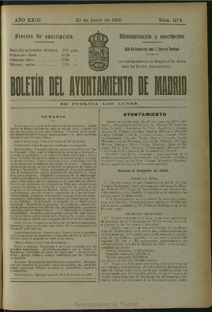 Miniatura de Boletín Oficial del Ayuntamiento de Madrid del 30 de junio de 1919, nº 1174