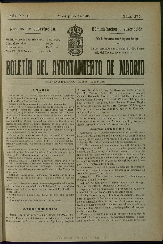 Miniatura de Boletín Oficial del Ayuntamiento de Madrid del 7 de julio de 1919, nº 1175