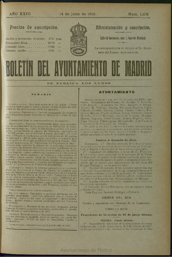 Miniatura de Boletín Oficial del Ayuntamiento de Madrid del 14 de julio de 1919, nº 1176
