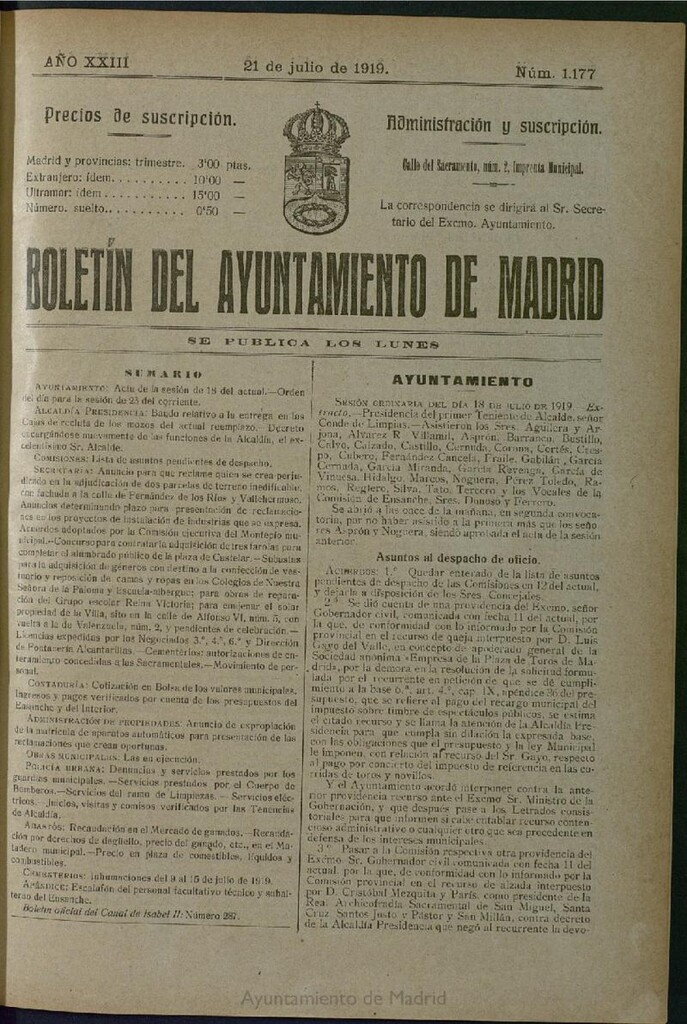 Miniatura de Boletín Oficial del Ayuntamiento de Madrid del 21 de julio de 1919, nº 1177
