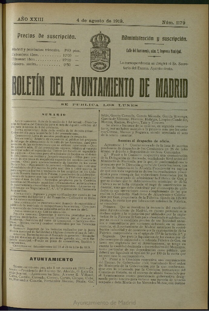 Miniatura de Boletín Oficial del Ayuntamiento de Madrid del 4 de agosto de 1919, nº 1179
