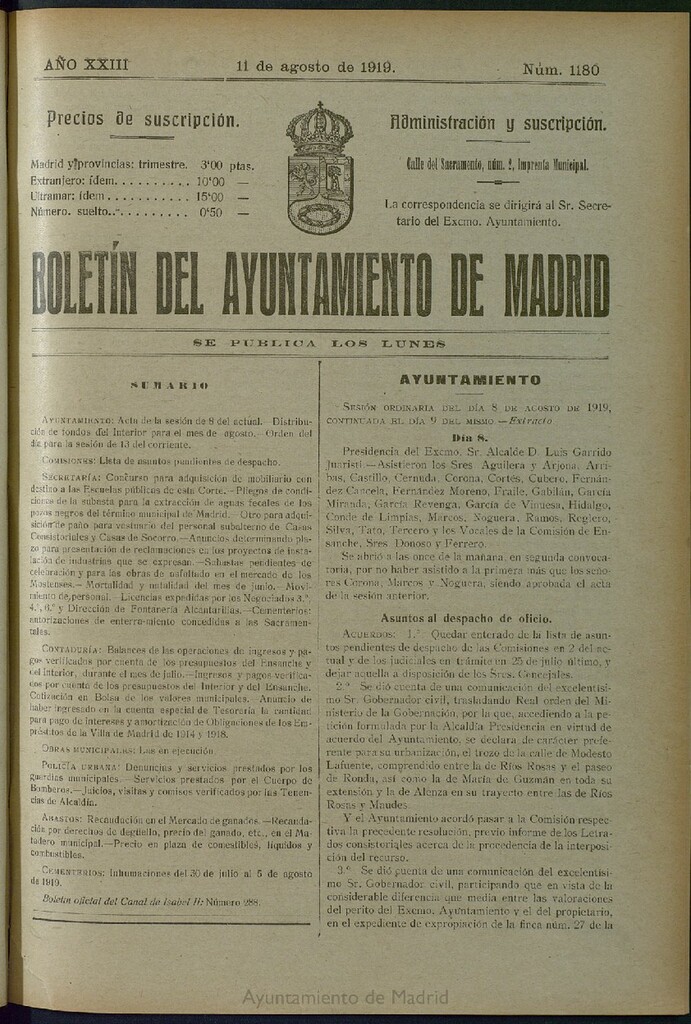 Miniatura de Boletín Oficial del Ayuntamiento de Madrid del 11 de agosto de 1919, nº 1180