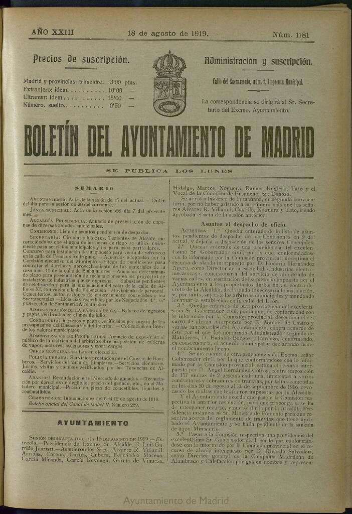Miniatura de Boletín Oficial del Ayuntamiento de Madrid del 18 de agosto de 1919, nº 1181