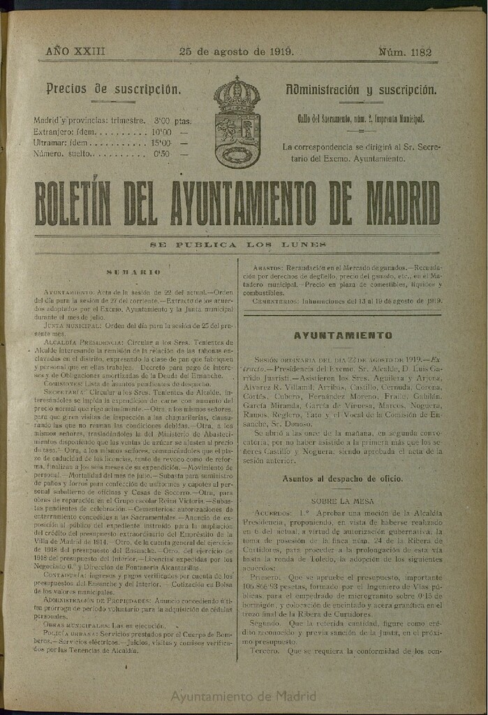 Miniatura de Boletín Oficial del Ayuntamiento de Madrid del 25 de agosto de 1919, nº 1182