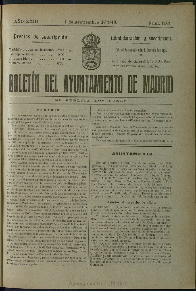 Miniatura de Boletín Oficial del Ayuntamiento de Madrid del 1 de septiembre de 1919, nº 1183