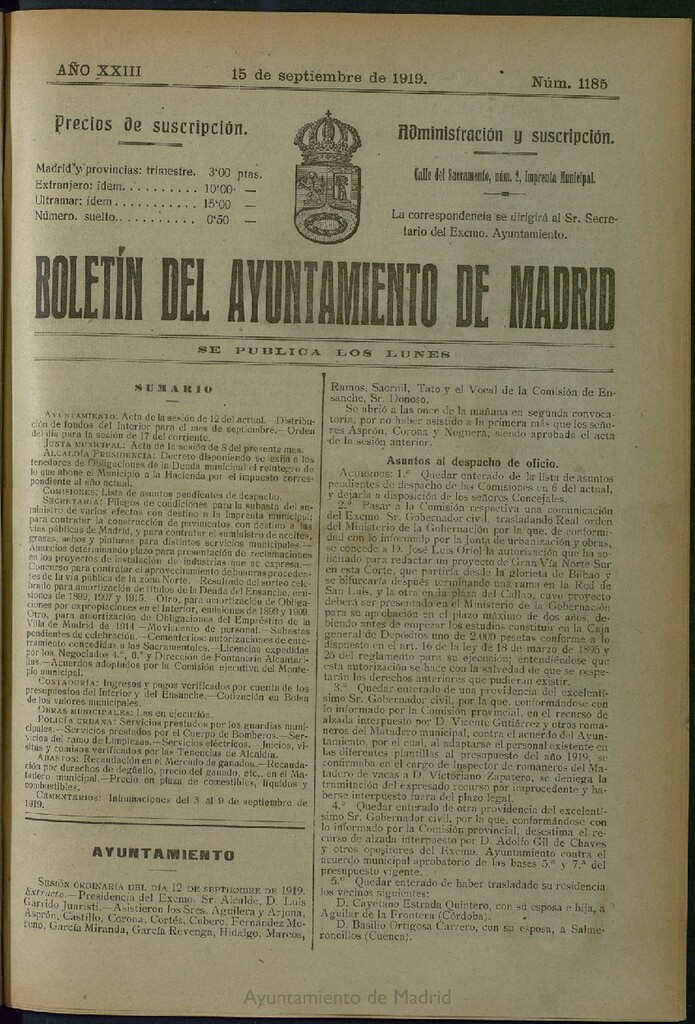 Miniatura de Boletín Oficial del Ayuntamiento de Madrid del 15 de septiembre de 1919, nº 1185
