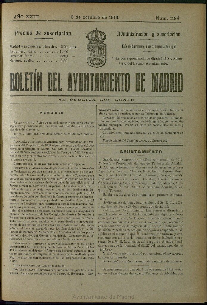 Miniatura de Boletín Oficial del Ayuntamiento de Madrid del 6 de octubre de 1919, nº 1188