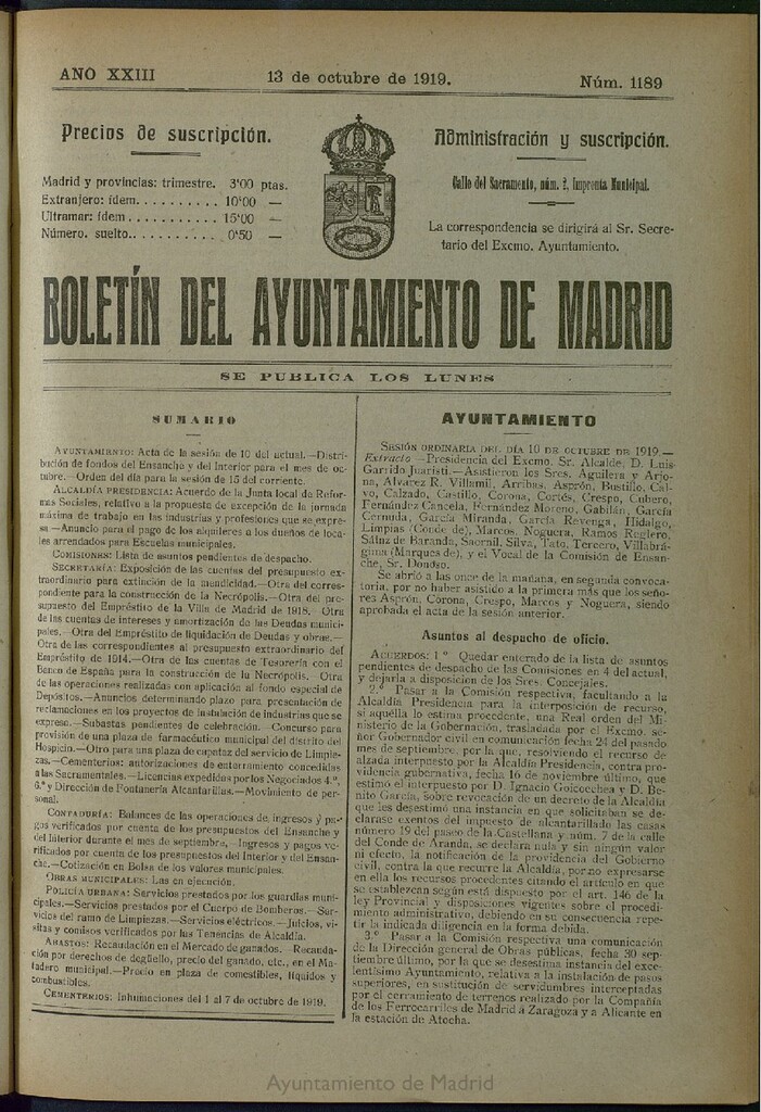 Miniatura de Boletín Oficial del Ayuntamiento de Madrid del 13 de octubre de 1919, nº 1189
