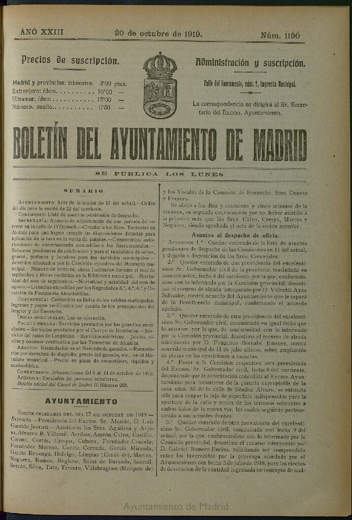Miniatura de Boletín Oficial del Ayuntamiento de Madrid del 20 de octubre de 1919, nº 1190