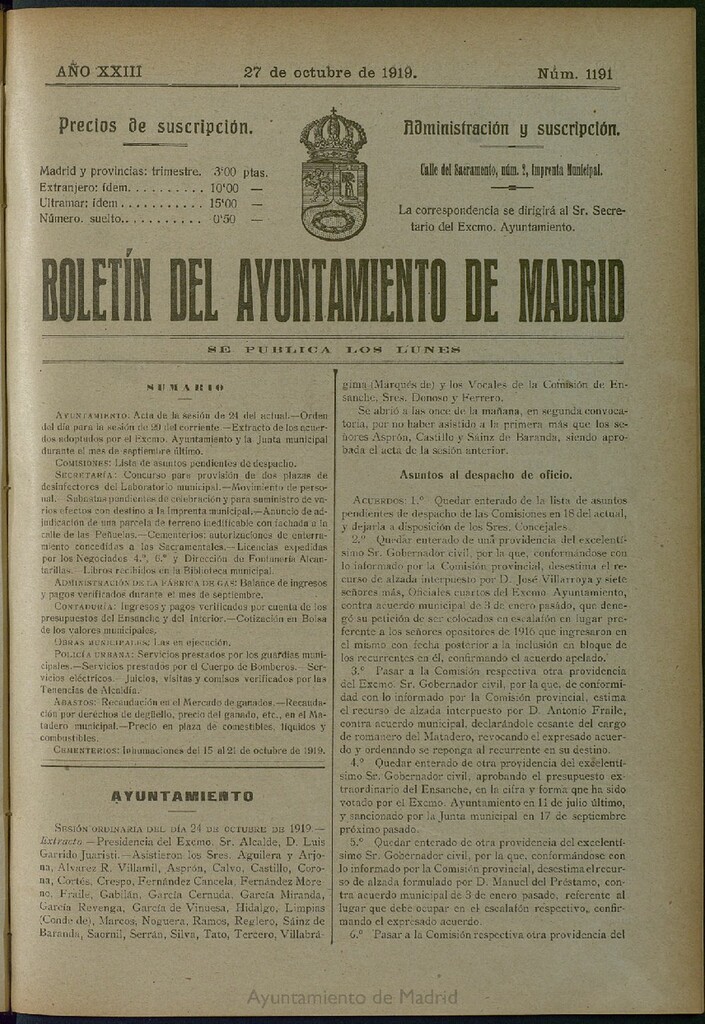 Miniatura de Boletín Oficial del Ayuntamiento de Madrid del 27 de octubre de 1919, nº 1191
