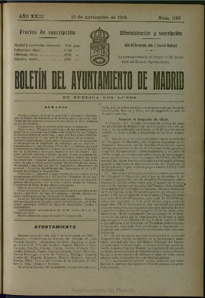 Miniatura de Boletín Oficial del Ayuntamiento de Madrid del 10 de noviembre de 1919, nº 1193