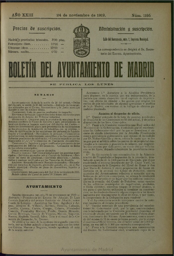 Miniatura de Boletín Oficial del Ayuntamiento de Madrid del 24 de noviembre de 1919, nº 1195