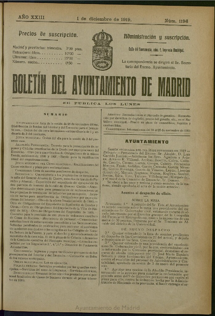 Miniatura de Boletín Oficial del Ayuntamiento de Madrid del 1 de diciembre de 1919, nº 1196