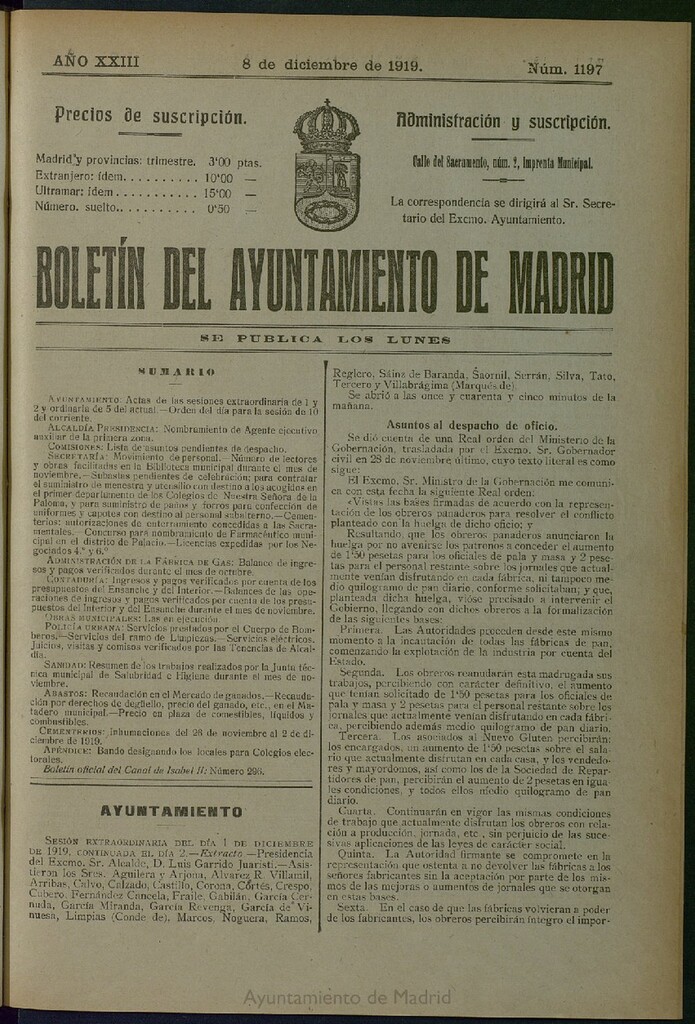 Miniatura de Boletín Oficial del Ayuntamiento de Madrid del 8 de diciembre de 1919, nº 1197