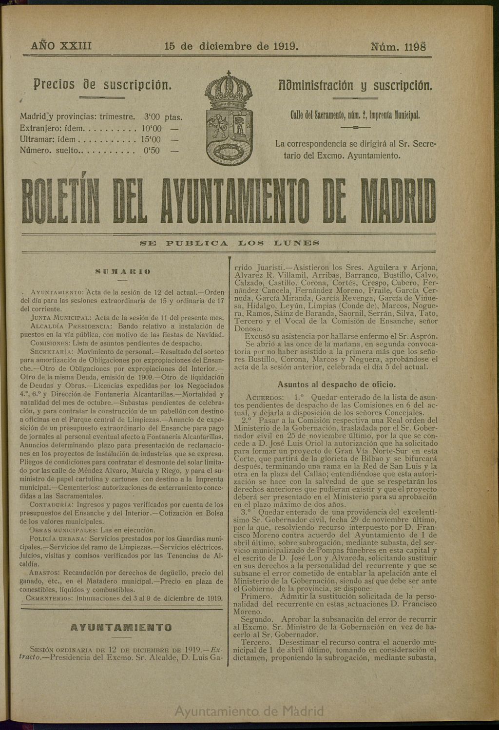 Miniatura de Boletín Oficial del Ayuntamiento de Madrid del 15 de diciembre de 1919, nº 1198