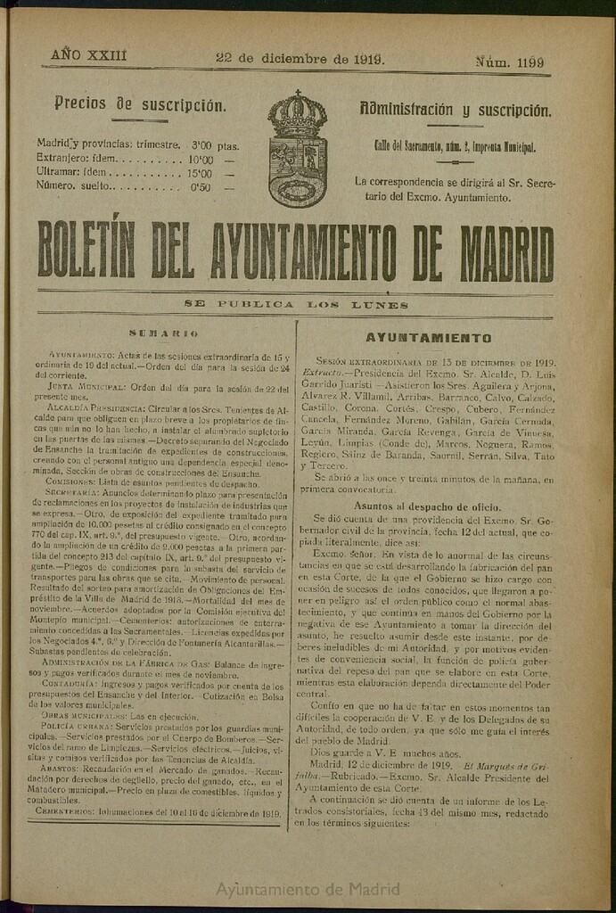 Miniatura de Boletín Oficial del Ayuntamiento de Madrid del 22 de diciembre de 1919, nº 1199