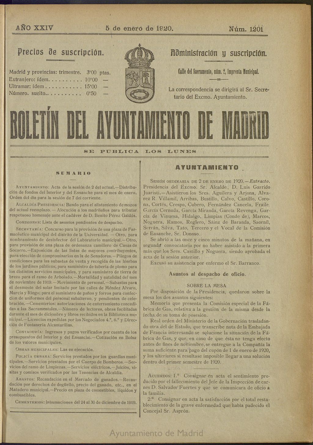 Miniatura de Boletín Oficial del Ayuntamiento de Madrid del 5 de enero de 1920, nº 1201