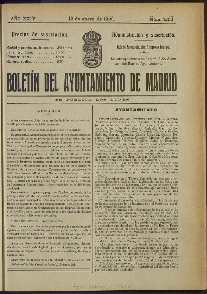 Miniatura de Boletín Oficial del Ayuntamiento de Madrid del 12 de enero de 1920, nº 1202