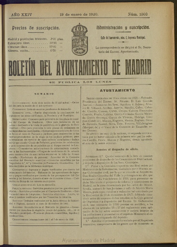 Miniatura de Boletín Oficial del Ayuntamiento de Madrid del 19 de enero de 1920, nº 1203