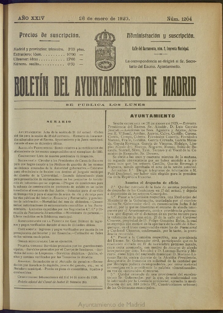 Miniatura de Boletín Oficial del Ayuntamiento de Madrid del 26 de enero de 1920, nº 1204