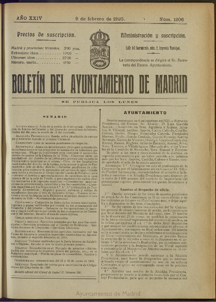 Miniatura de Boletín Oficial del Ayuntamiento de Madrid del 9 de febrero de 1920, nº 1206