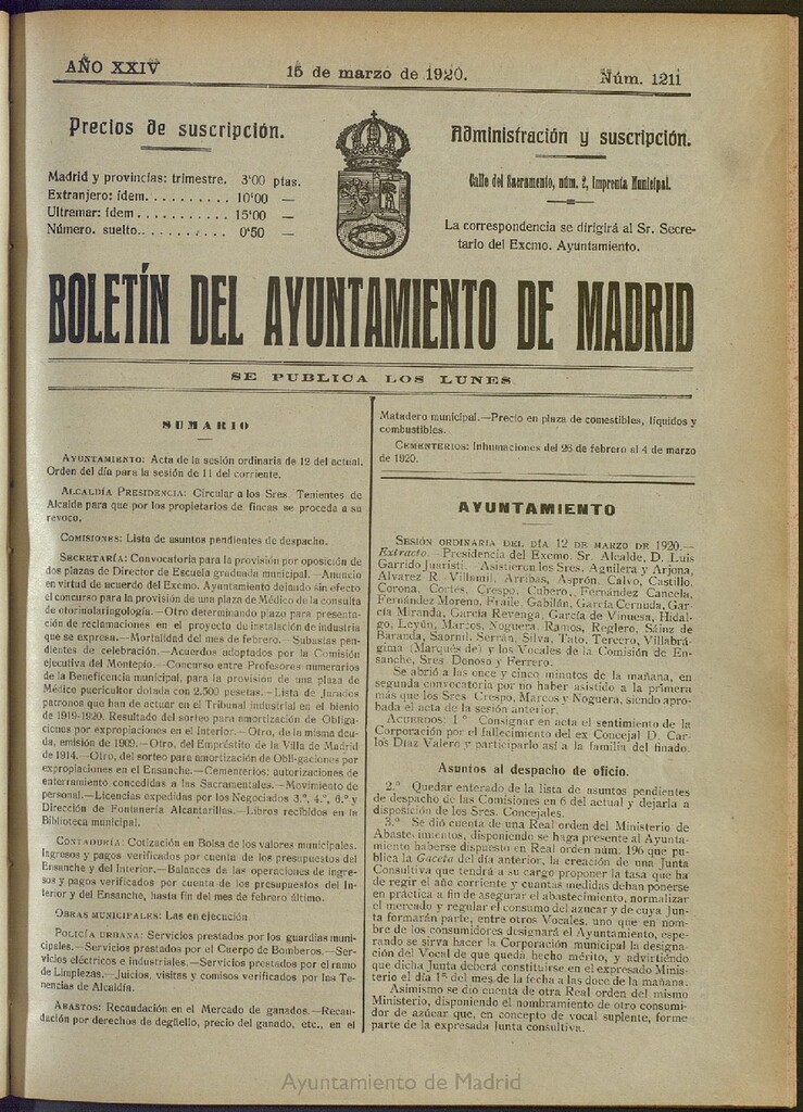 Miniatura de Boletín Oficial del Ayuntamiento de Madrid del 15 de marzo de 1920, nº 1211