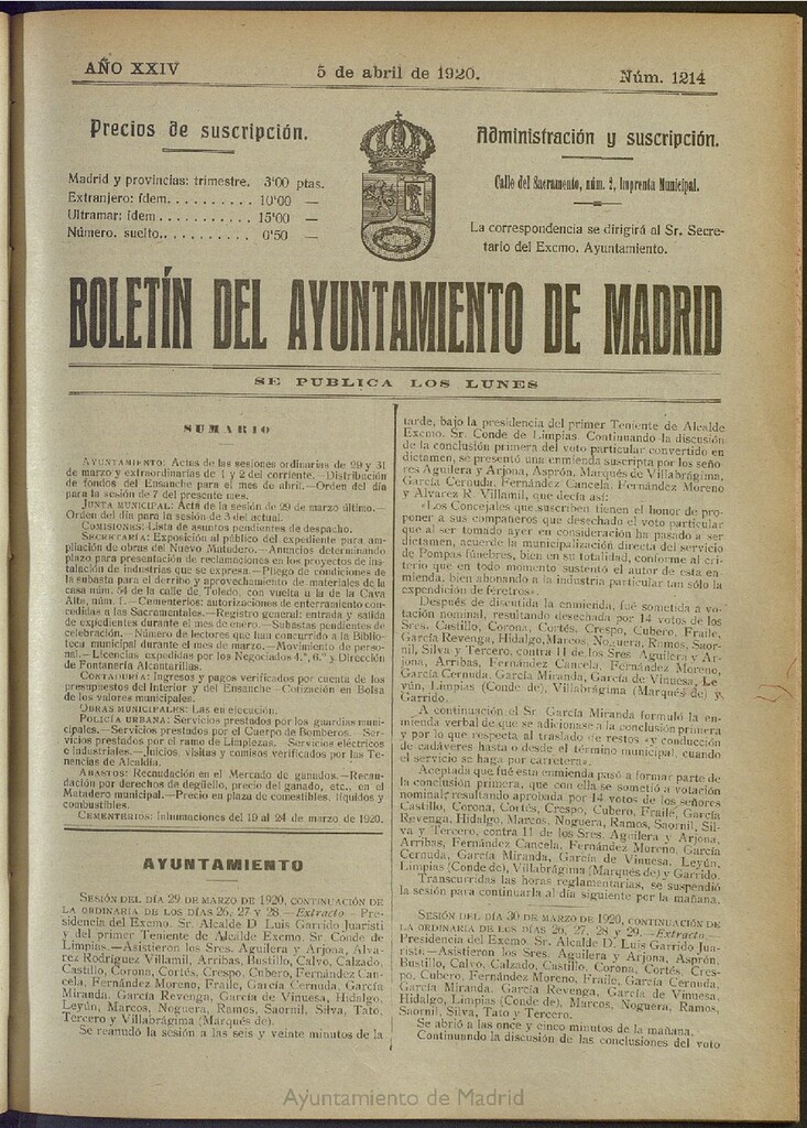 Miniatura de Boletín Oficial del Ayuntamiento de Madrid del 5 de abril de 1920, nº 1214