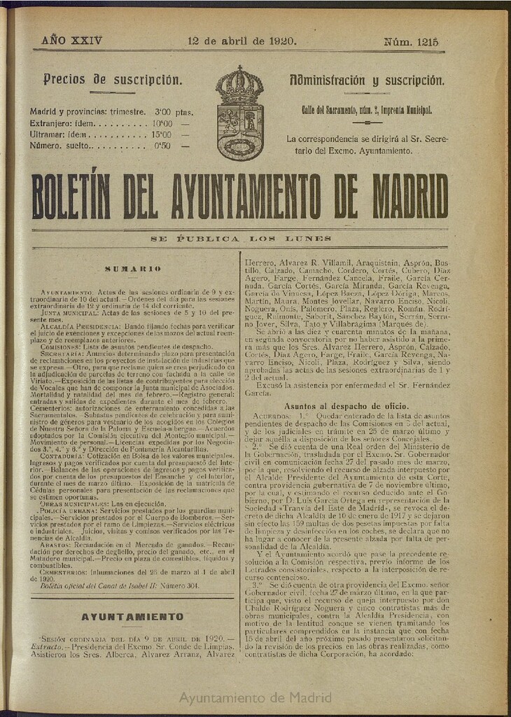 Miniatura de Boletín Oficial del Ayuntamiento de Madrid del 12 de abril de 1920, nº 1215