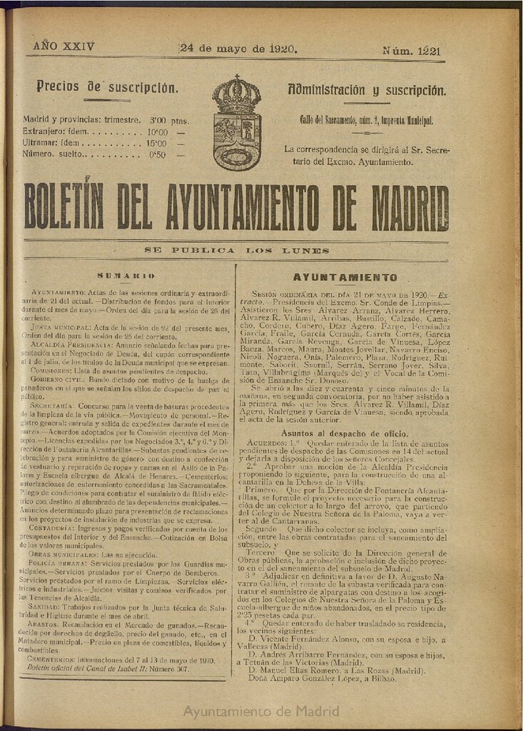 Miniatura de Boletín Oficial del Ayuntamiento de Madrid del 24 de mayo de 1920, nº 1221