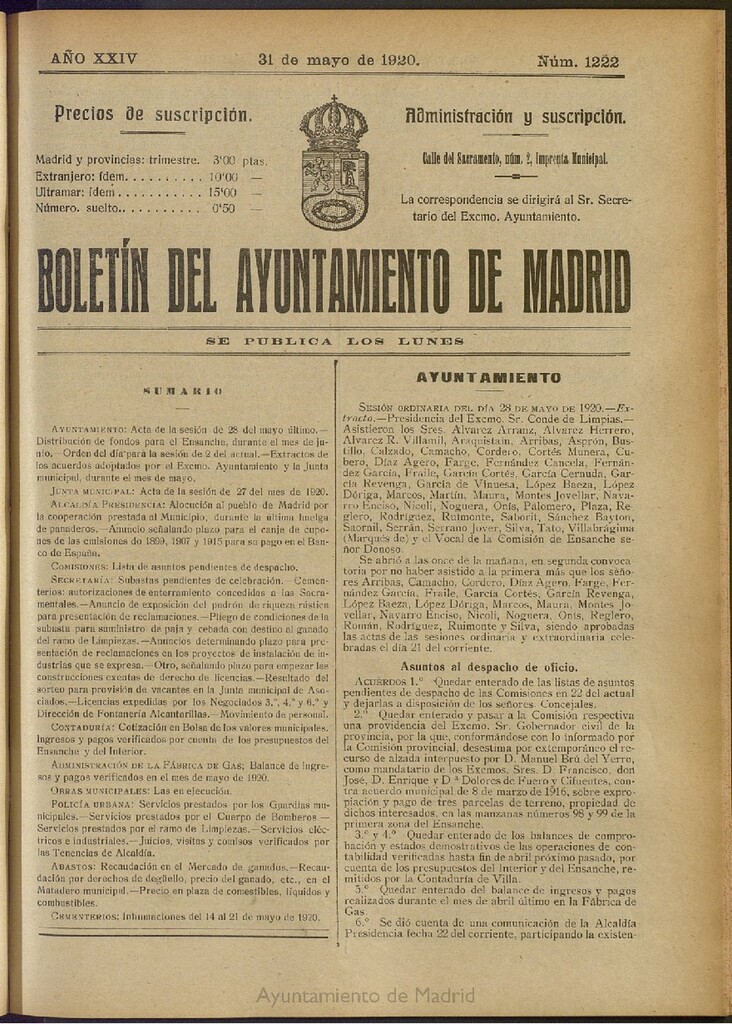 Miniatura de Boletín Oficial del Ayuntamiento de Madrid del 31 de mayo de 1920, nº 1222