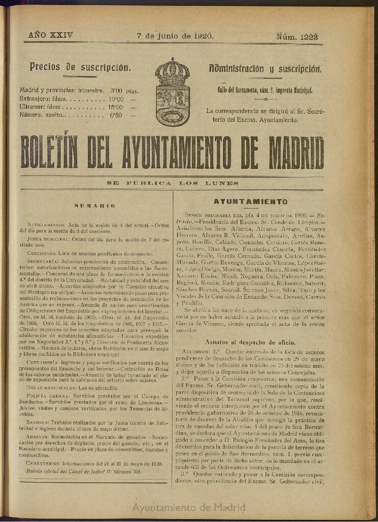 Miniatura de Boletín Oficial del Ayuntamiento de Madrid del 7 de junio de 1920, nº 1223