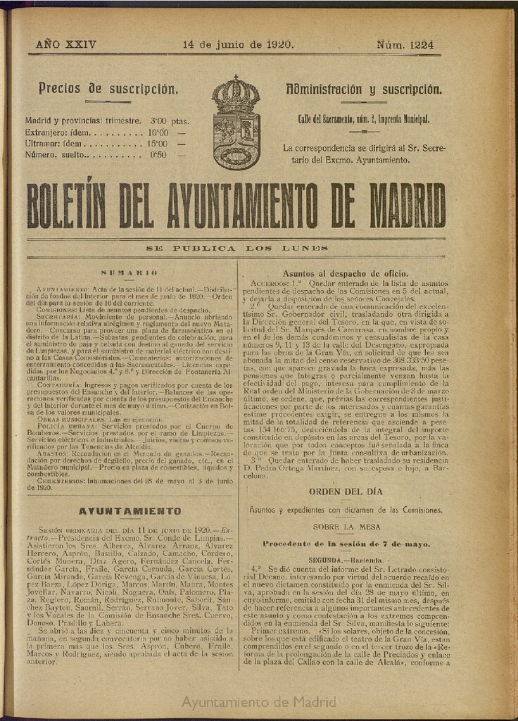 Miniatura de Boletín Oficial del Ayuntamiento de Madrid del 14 de junio de 1920, nº 1224