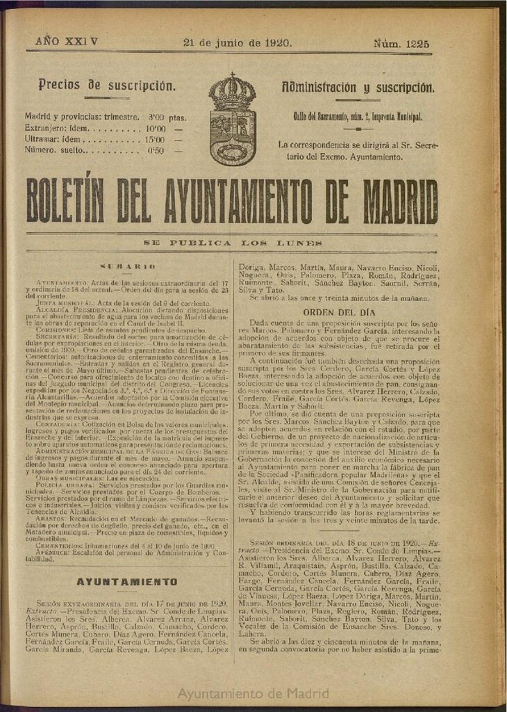 Miniatura de Boletín Oficial del Ayuntamiento de Madrid del 21 de junio de 1920, nº 1225