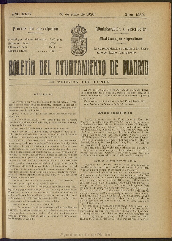 Miniatura de Boletín Oficial del Ayuntamiento de Madrid del 26 de julio de 1920, nº 1230