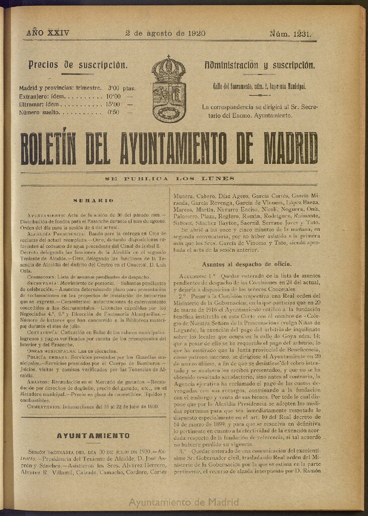 Miniatura de Boletín Oficial del Ayuntamiento de Madrid del 2 de agosto de 1920, nº 1231