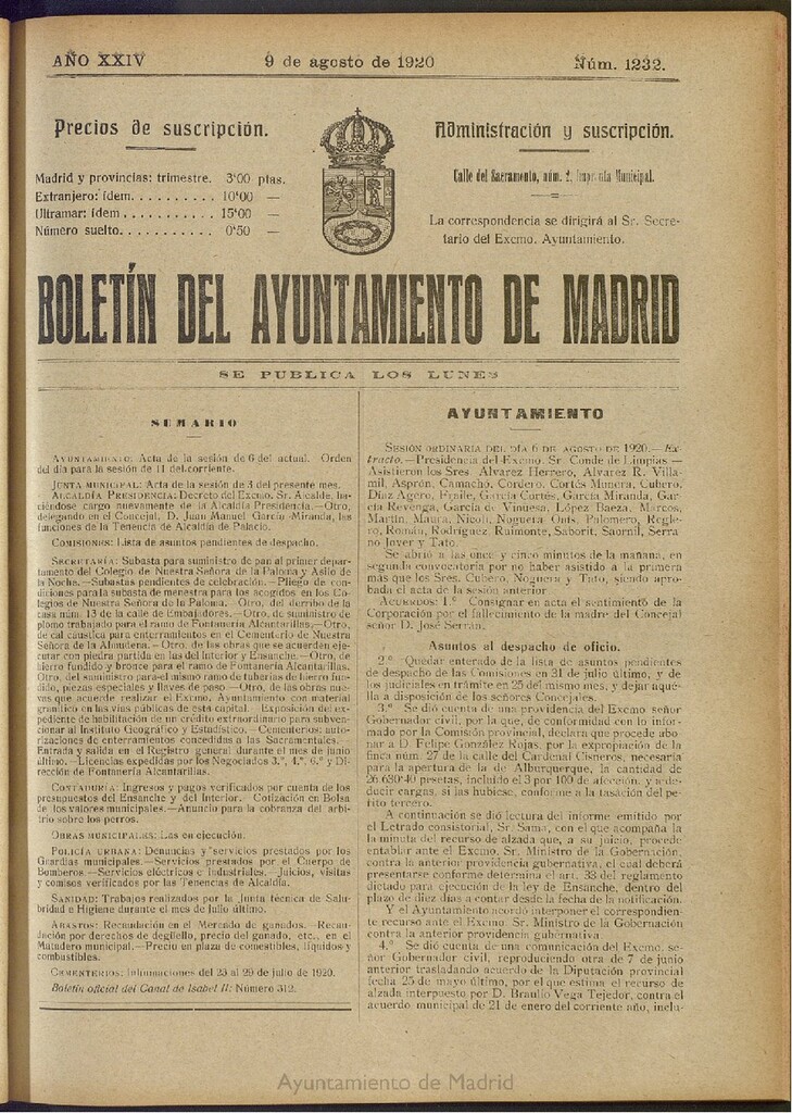 Miniatura de Boletín Oficial del Ayuntamiento de Madrid del 9 de agosto de 1920, nº 1232