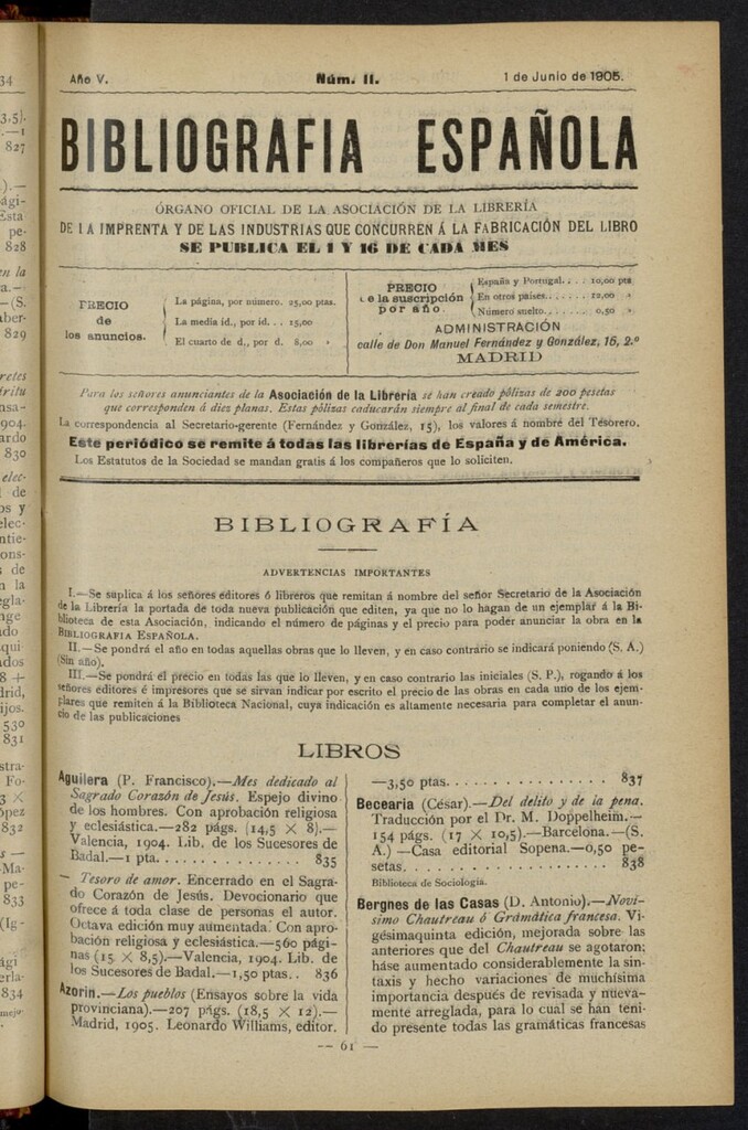 Miniatura de Bibliografía Española del 1 de junio de 1905