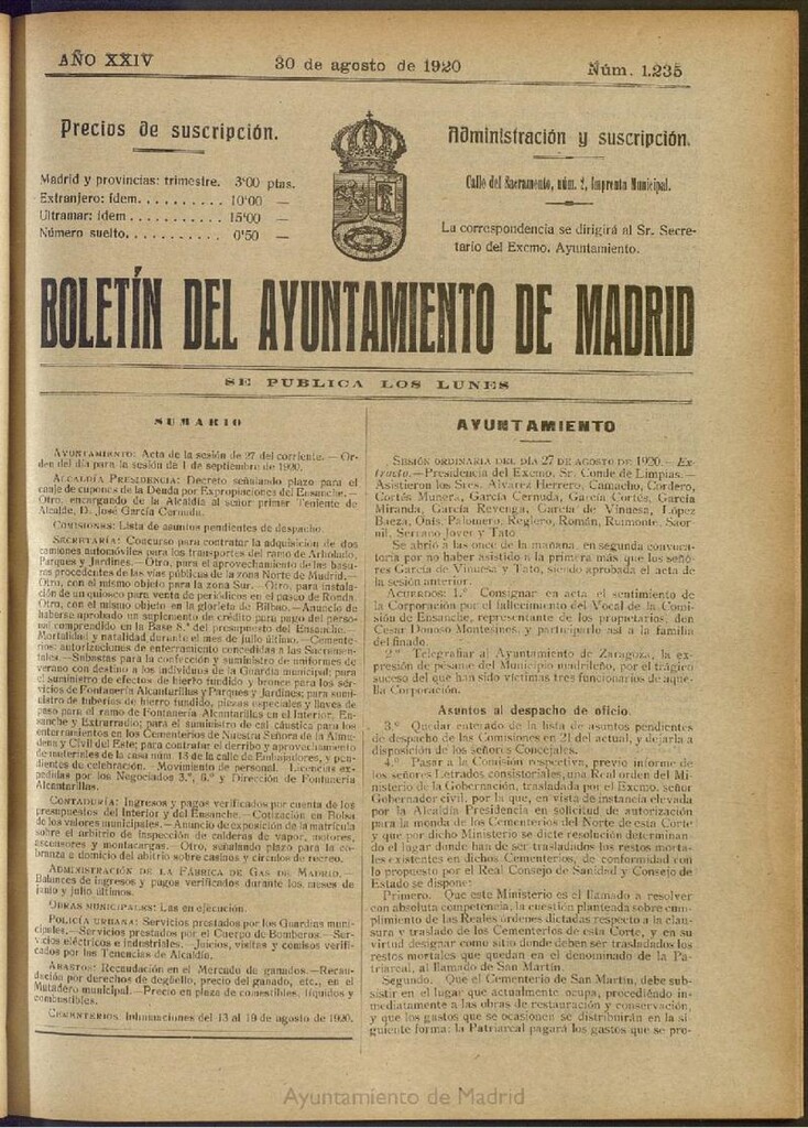 Miniatura de Boletín Oficial del Ayuntamiento de Madrid del 30 de agosto de 1920, nº 1235