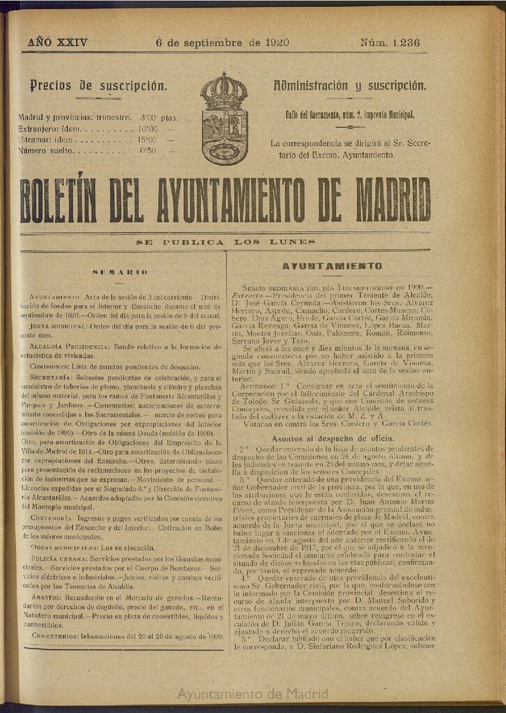 Miniatura de Boletín Oficial del Ayuntamiento de Madrid del 6 de septiembre de 1920, nº 1236