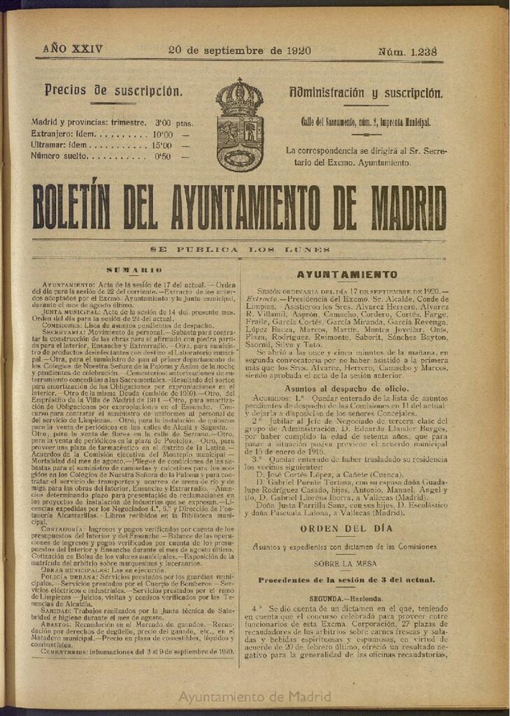 Miniatura de Boletín Oficial del Ayuntamiento de Madrid del 20 de septiembre de 1920, nº 1238
