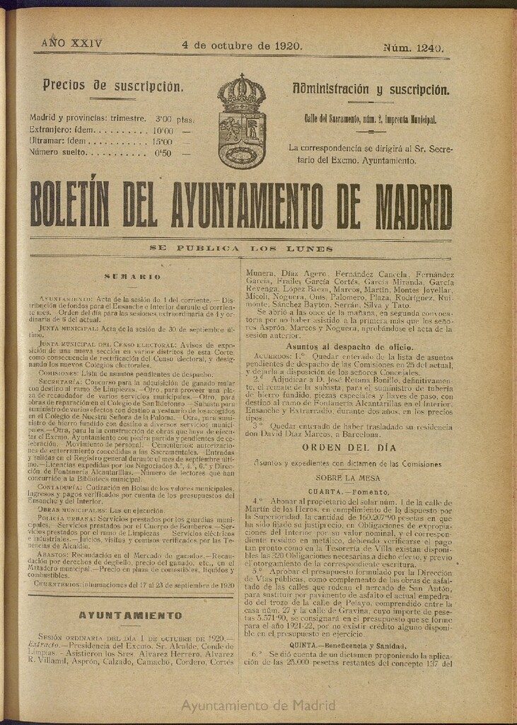 Miniatura de Boletín Oficial del Ayuntamiento de Madrid del 4 de octubre de 1920, nº 1240
