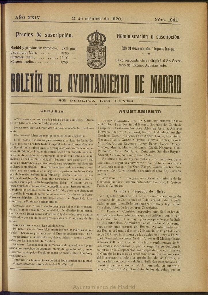 Miniatura de Boletín Oficial del Ayuntamiento de Madrid del 11 de octubre de 1920, nº 1241