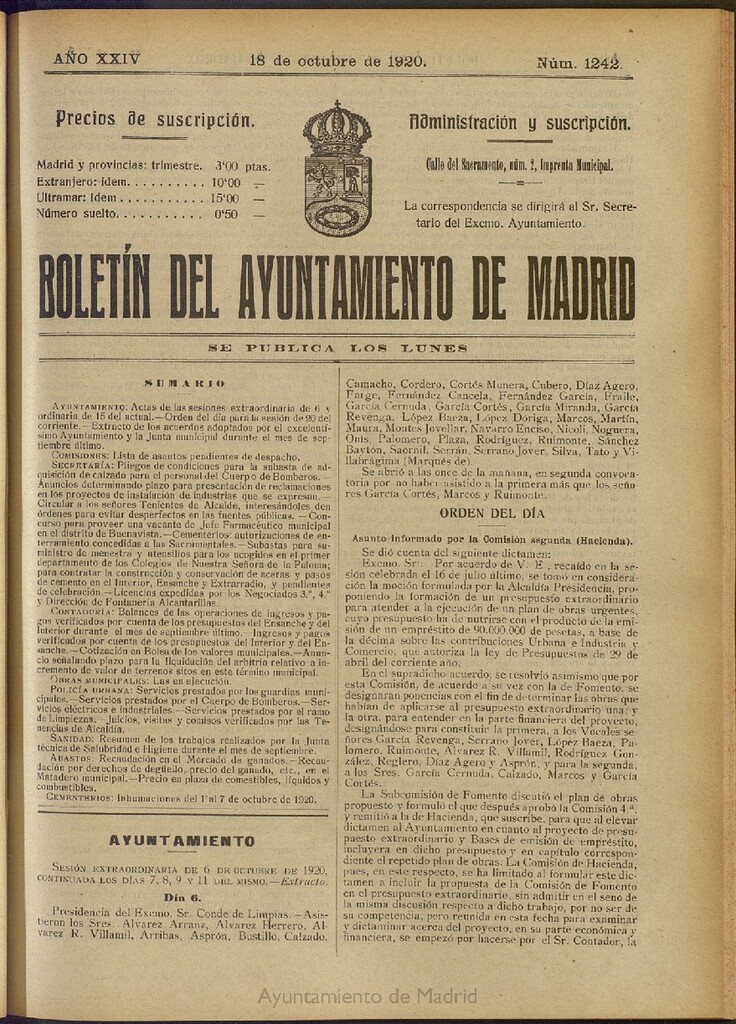 Miniatura de Boletín Oficial del Ayuntamiento de Madrid del 18 de octubre de 1920, nº 1242