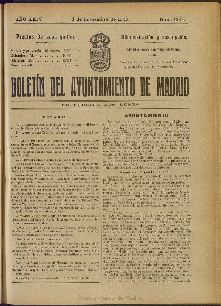 Miniatura de Boletín Oficial del Ayuntamiento de Madrid del 1 de noviembre de 1920, nº 1244