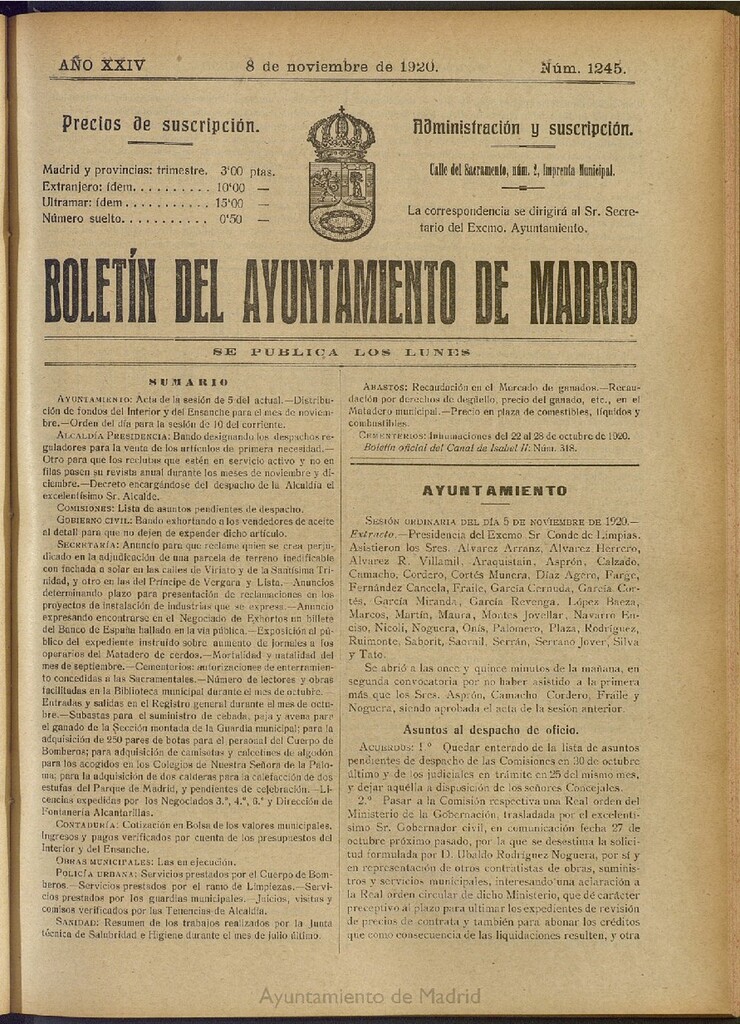 Miniatura de Boletín Oficial del Ayuntamiento de Madrid del 8 de noviembre de 1920, nº 1245