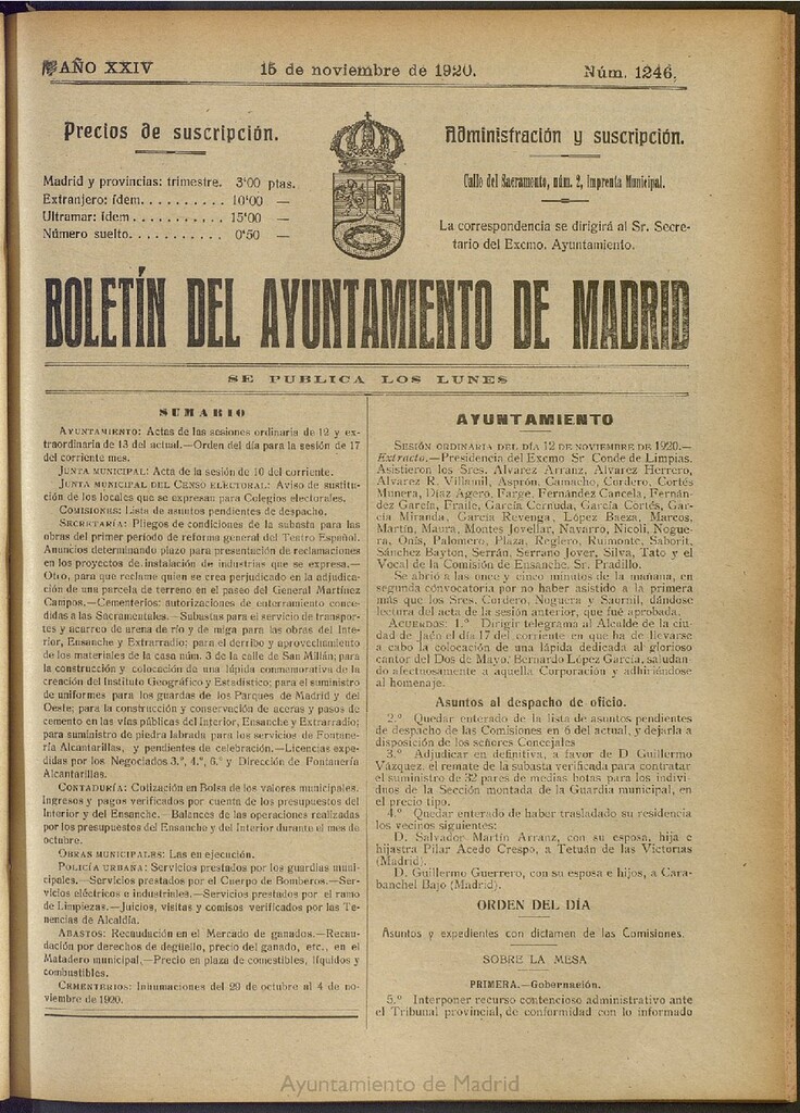 Miniatura de Boletín Oficial del Ayuntamiento de Madrid del 15 de noviembre de 1920, nº 1246