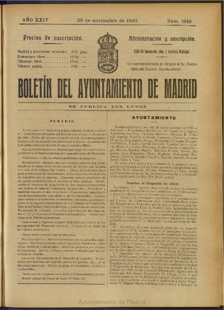 Miniatura de Boletín Oficial del Ayuntamiento de Madrid del 29 de noviembre de 1920, nº 1248