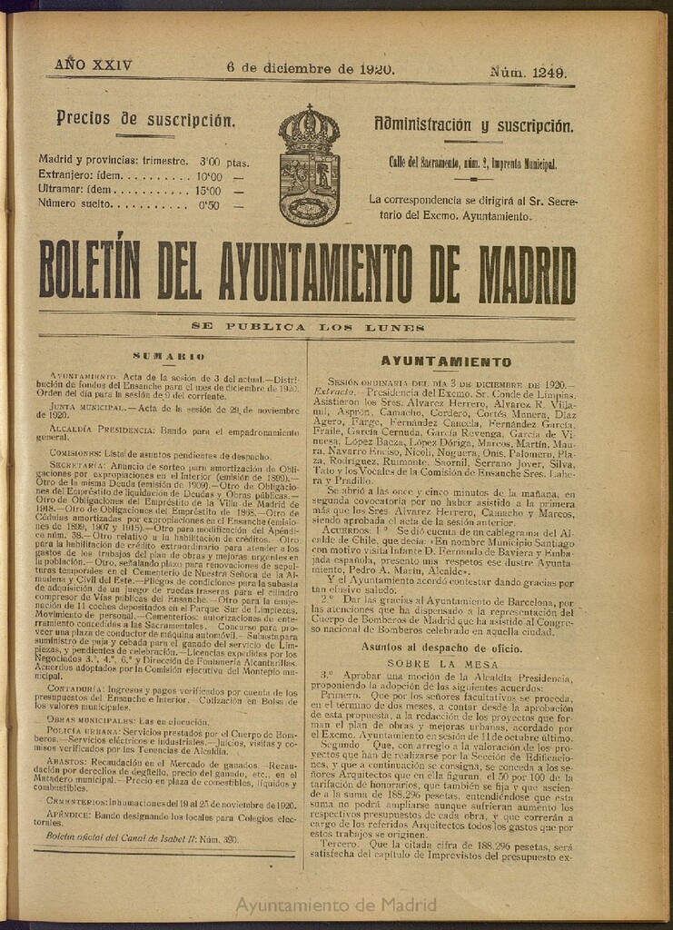 Miniatura de Boletín Oficial del Ayuntamiento de Madrid del 6 de diciembre de 1920, nº 1249