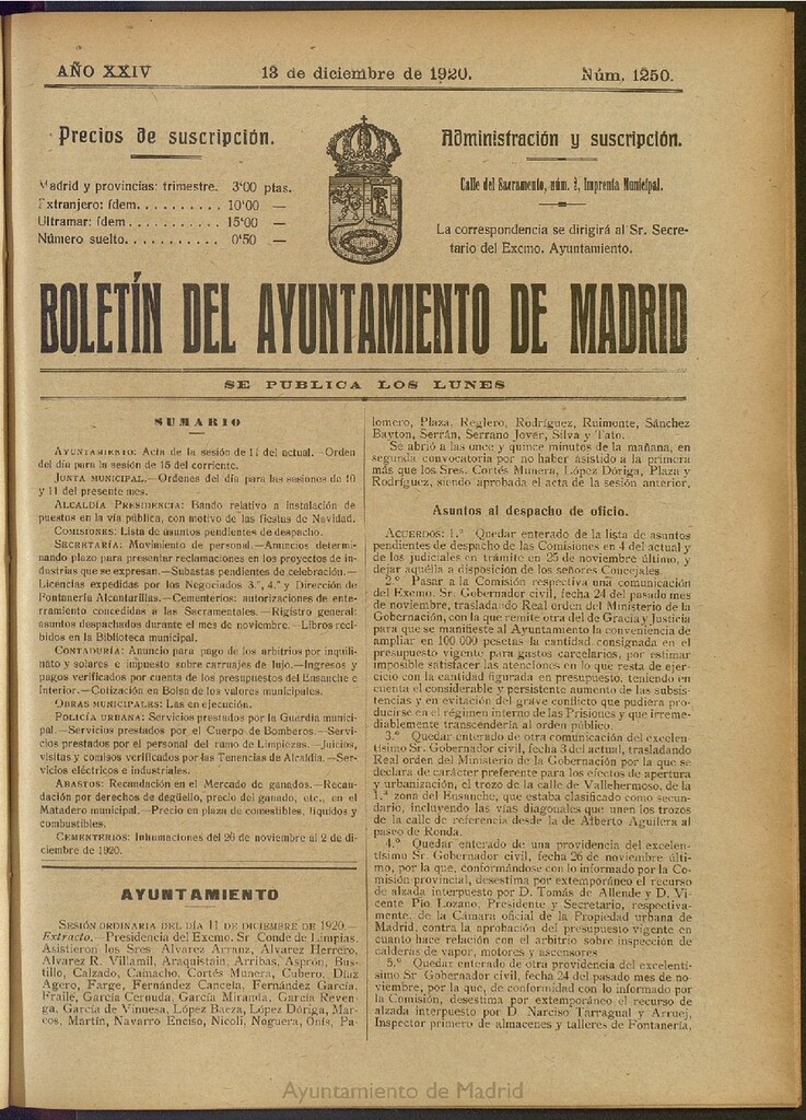 Miniatura de Boletín Oficial del Ayuntamiento de Madrid del 13 de diciembre de 1920, nº 1250